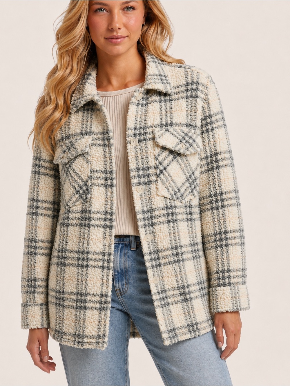 Blank NYC plaid boucle shacket, white and grey plaid high pile XS